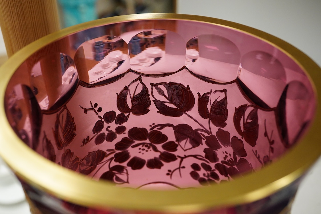 A Bohemian Czech gilded amethyst glass vase, 23cm high